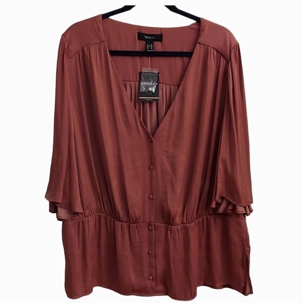 FOREVER 21 PLUS VNeck Button Down Butterfly Sleeve Peplum Top 3X New Silky